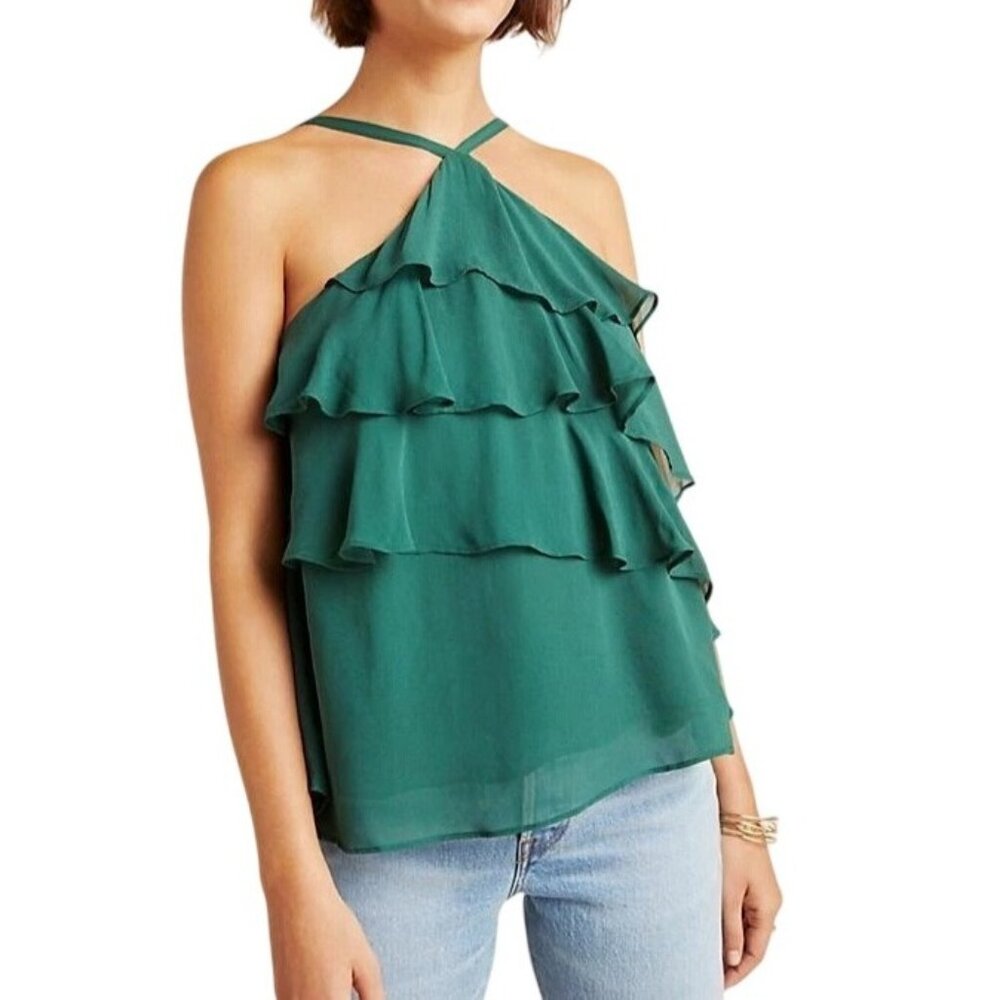 New by Anthropologie Green Turquois Salsa Ruffled Tiered Cami Tank top Women sz4